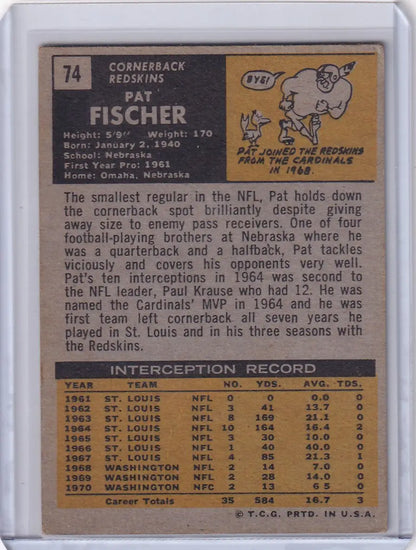 Vintage Topps Football card featuring Pat Fischer of the Washington Redskins