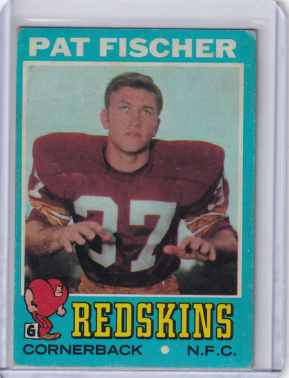 Vintage Topps Football card of Pat Fischer, Washington Redskins cornerback in burgundy jersey