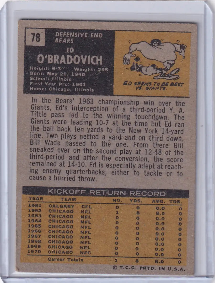 Vintage Topps Football trading card of Ed O’Bradovich from Chicago Bears