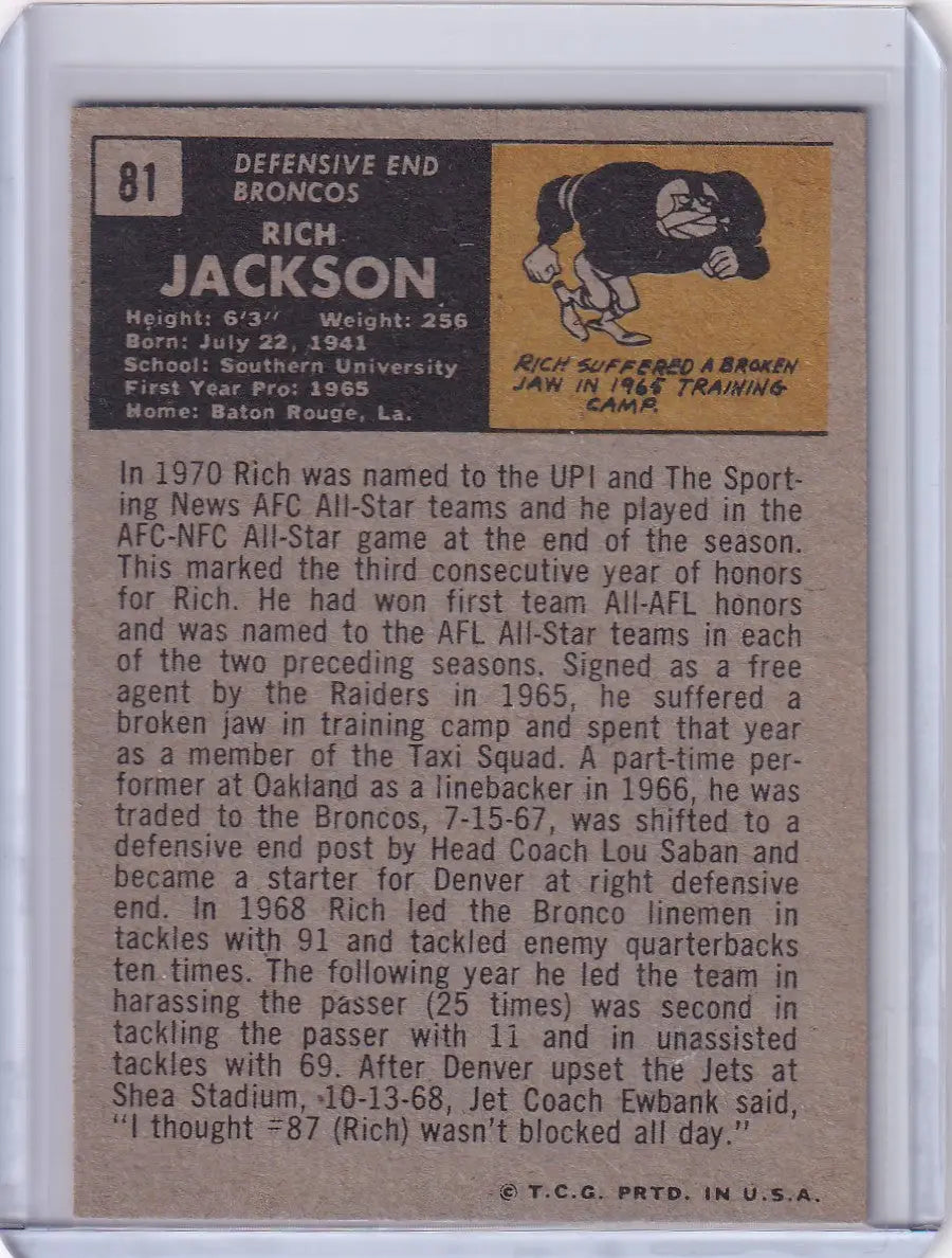 Topps Football trading card of Rich Jackson, defensive end for the Denver Broncos