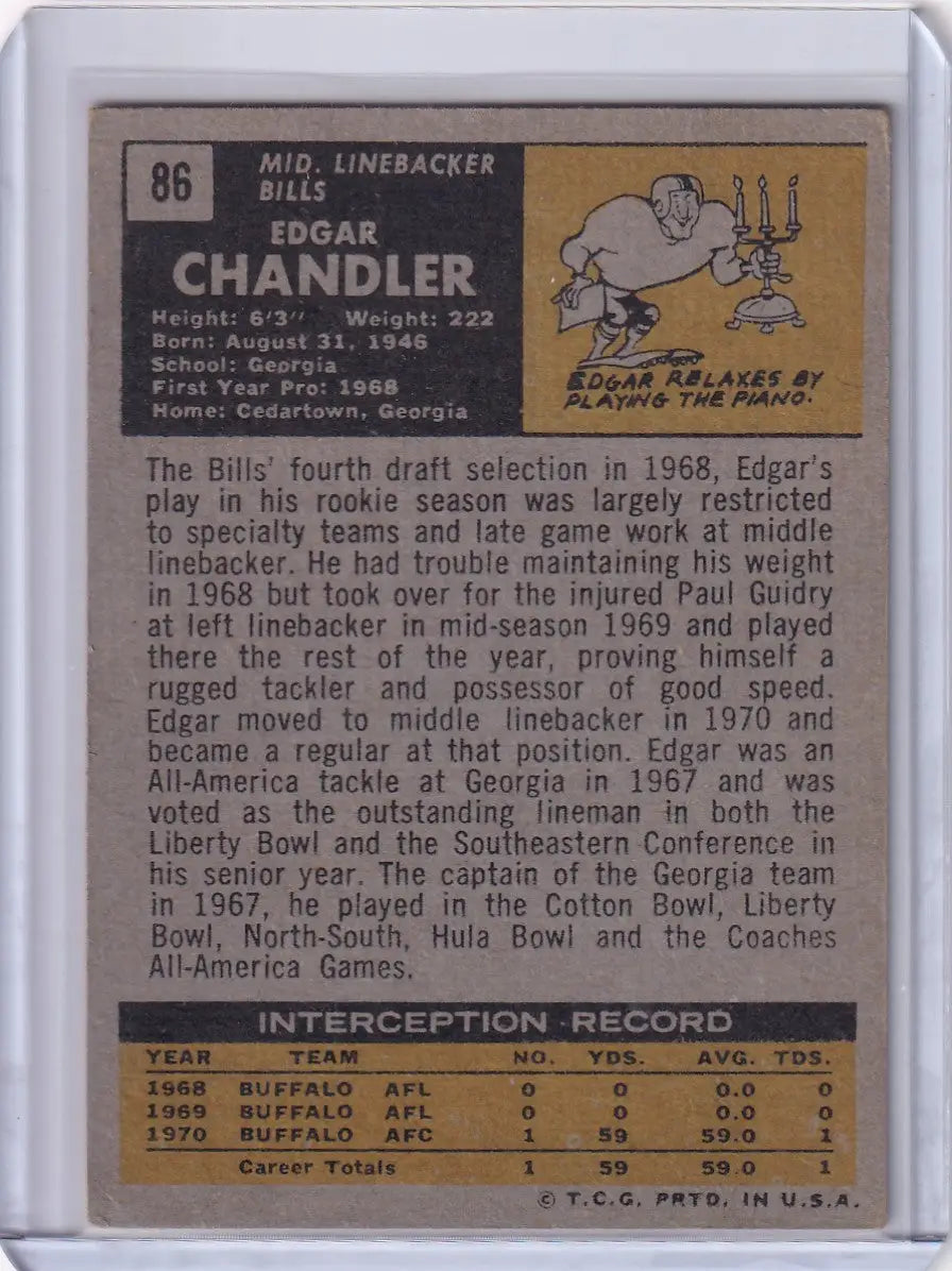 Vintage Topps Football card of Edgar Chandler, Buffalo Bills rookie, from 1971