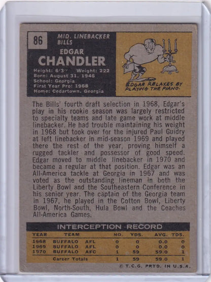 Vintage Topps Football card of Edgar Chandler, Buffalo Bills rookie, from 1971