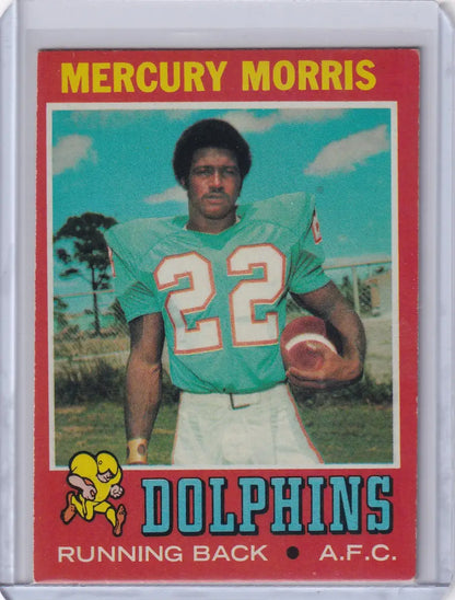 Topps Football card of Mercury Morris in Miami Dolphins teal jersey holding a football