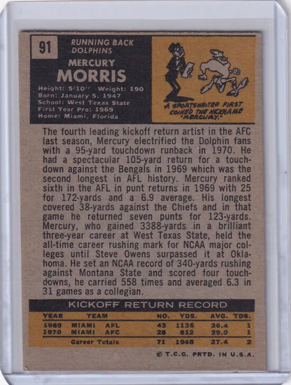 Vintage Topps Football card of Mercury Morris, Miami Dolphins RC, 1971