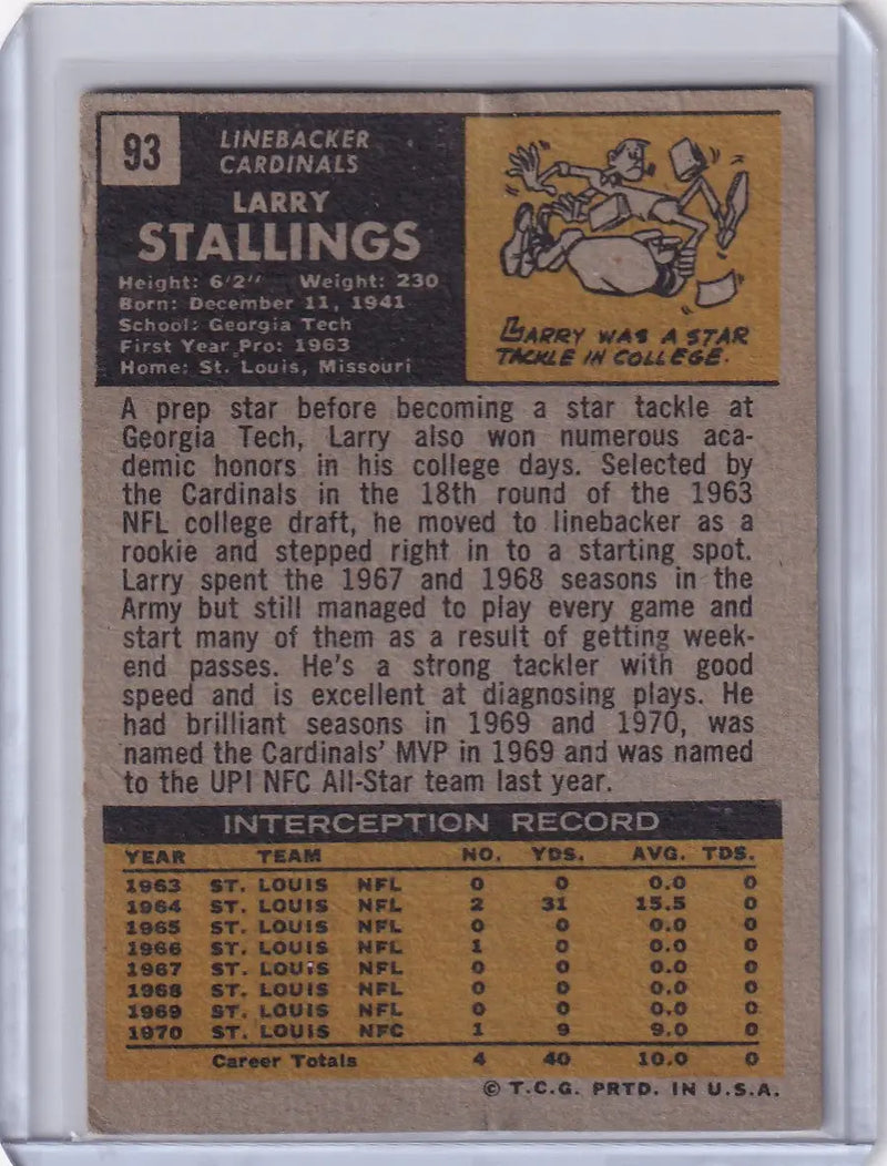 Topps Football trading card of Larry Stallings from the St. Louis Cardinals