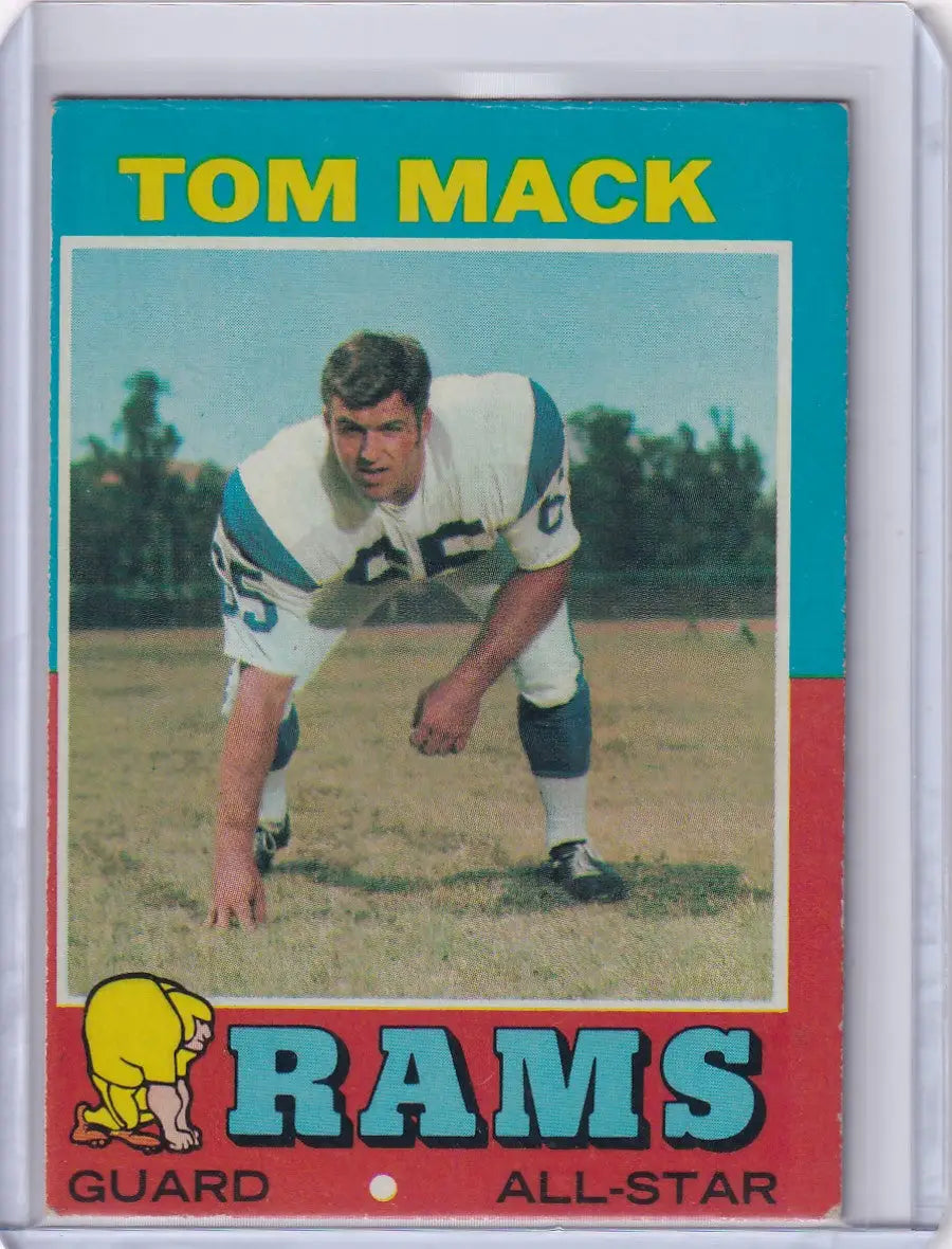 Vintage 1971 Topps Football card of Tom Mack, Los Angeles Rams player number 65