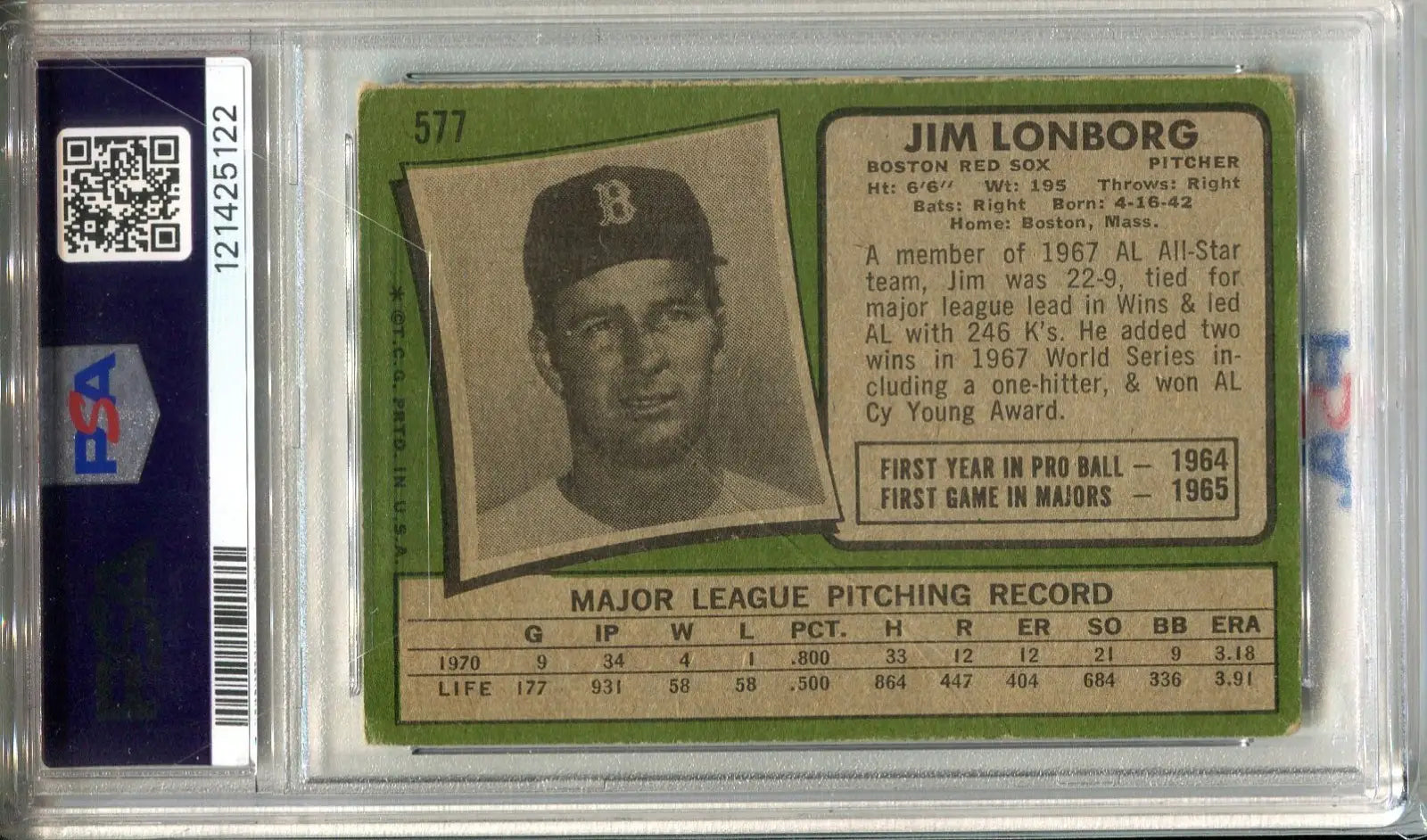 1971 Topps Jim Lonborg #577 Signed PSA 1.5 DNA 9 AUTO Red Sox - Baseball Card Single