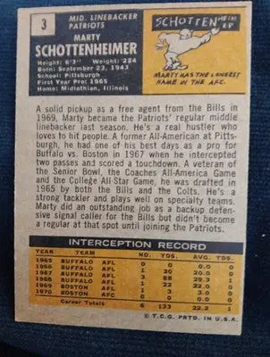 1971 Topps - Marty Schottenheimer #3 (RC). Patriots. (Browns. Chargers. KC.) EX - Football Card Single