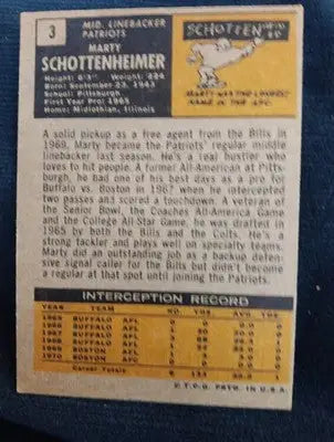 1971 Topps - Marty Schottenheimer #3 (RC). Patriots. (Browns. Chargers. KC.) EX - Football Card Single