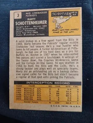 1971 Topps - Marty Schottenheimer #3 (RC). Patriots. (Browns. Chargers. KC.) EX - Football Card Single