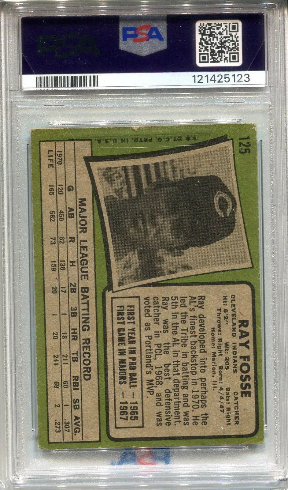 1971 Topps Ray Fosse #125 Signed PSA 3 DNA 6 AUTO Indians - Baseball Card Single