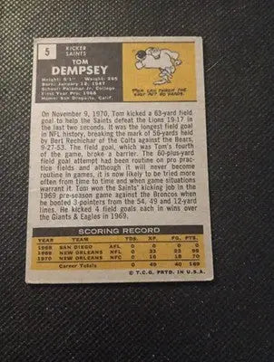 1971 Topps - Tom Dempsey #5. New Orleans Saints. VG+ - Football Card Single