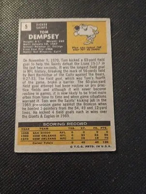 1971 Topps - Tom Dempsey #5. New Orleans Saints. VG+ - Football Card Single
