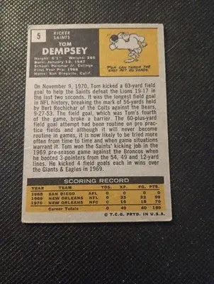 1971 Topps - Tom Dempsey #5. New Orleans Saints. VG+ - Football Card Single