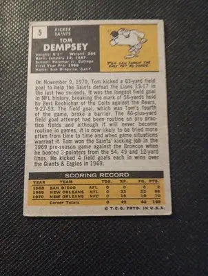 1971 Topps - Tom Dempsey #5. New Orleans Saints. VG+ - Football Card Single