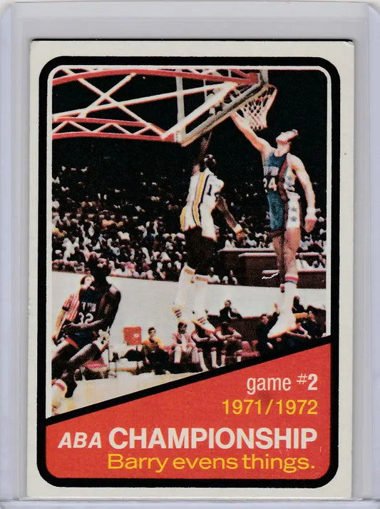 Vintage basketball trading card of Rick Barry evens things in ABA Championship game