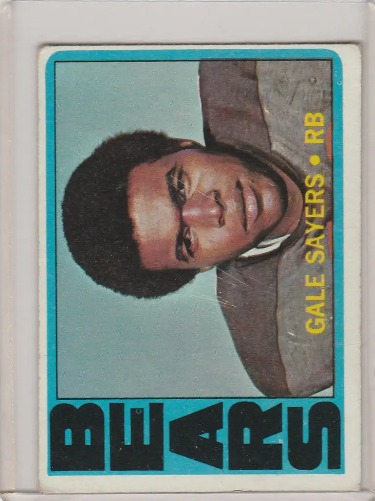 Vintage Gale Sayers Chicago Bears trading card featuring young man in gray shirt