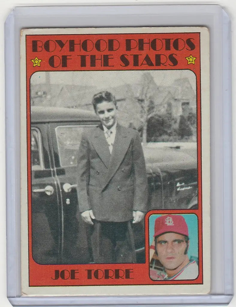 Vintage baseball card of Joe Torre’s boyhood photo with St. Louis Cardinals theme