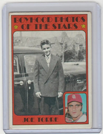 Vintage baseball card of Joe Torre’s boyhood photo with St. Louis Cardinals theme