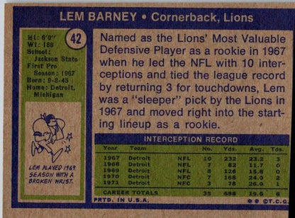 1972 Topps #42 Lem Barney trading card showcasing the football legend Lem Barney