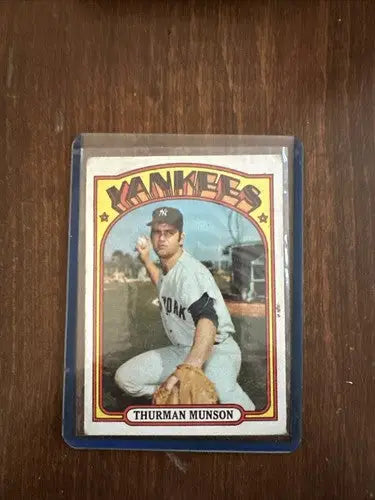 Vintage Thurman Munson MLB collector trading card in protective sleeve from 1972 Topps