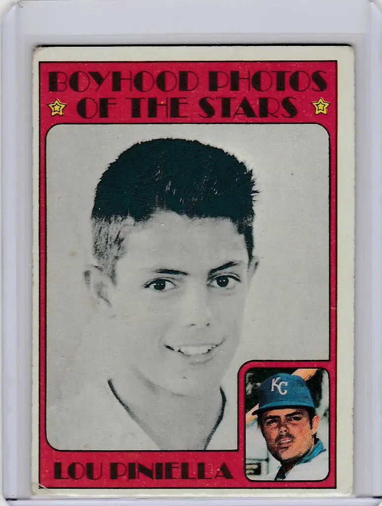 Baseball card of Lou Piniella with two photos, Kansas City Royals 1972 Topps #491