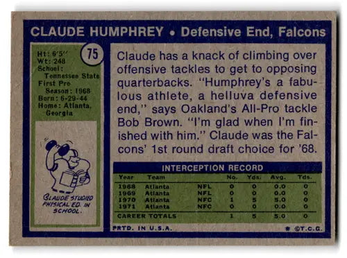 Vintage Claude Humphrey football card with original gloss from 1972 Topps G Good Falcons