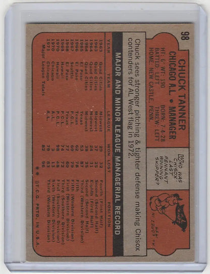 Vintage baseball card of Chuck Tanner Chicago White Sox EXMT on orange background