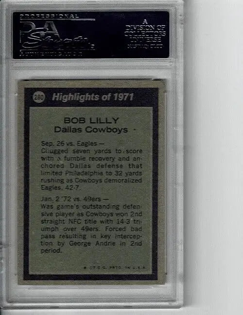 Graded Bob Lilly football card from 1972 Topps All-Pro, showcasing Dallas Cowboys HOF star