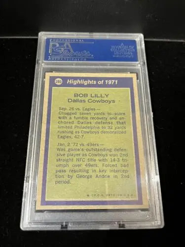 Graded Bob Lilly football card from 1972 Topps All-Pro for Dallas Cowboys HOF collectors