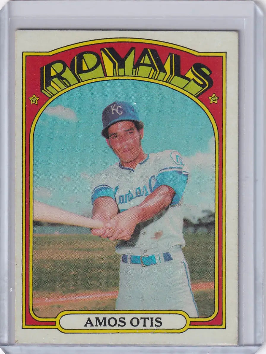 Vintage 1972 Topps Baseball card of Amos Otis in a Kansas City Royals batting stance