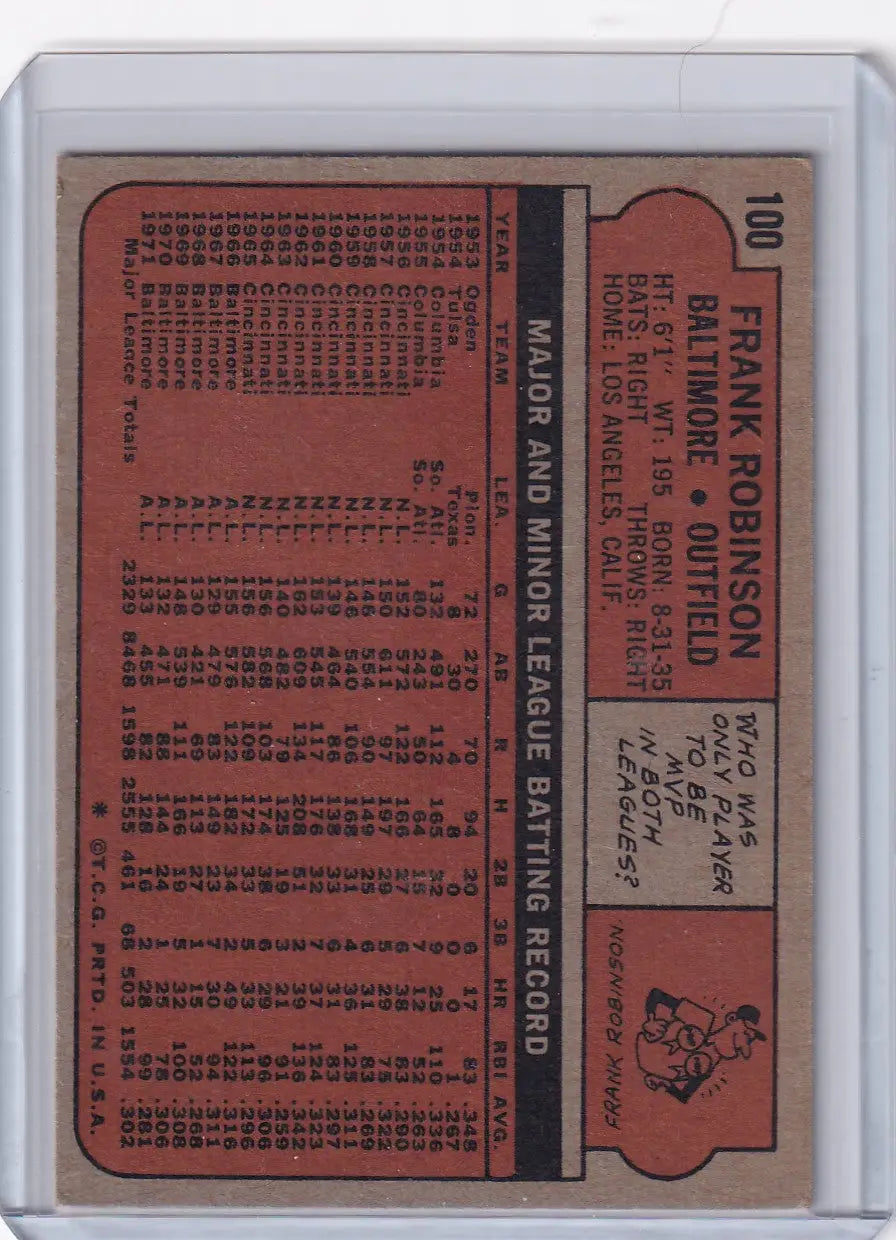 Back of 1972 Topps Baseball #100 Frank Robinson card with statistics in reddish-brown