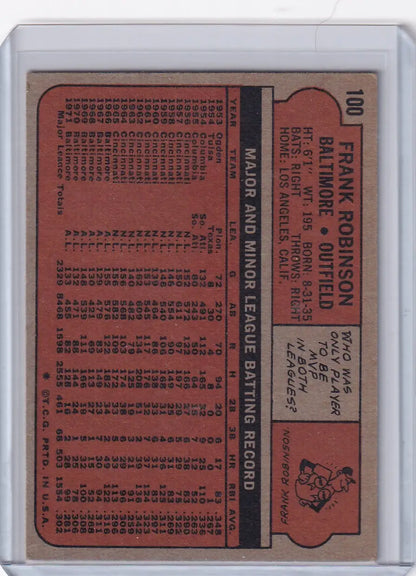 Back of 1972 Topps Baseball #100 Frank Robinson card with statistics in reddish-brown