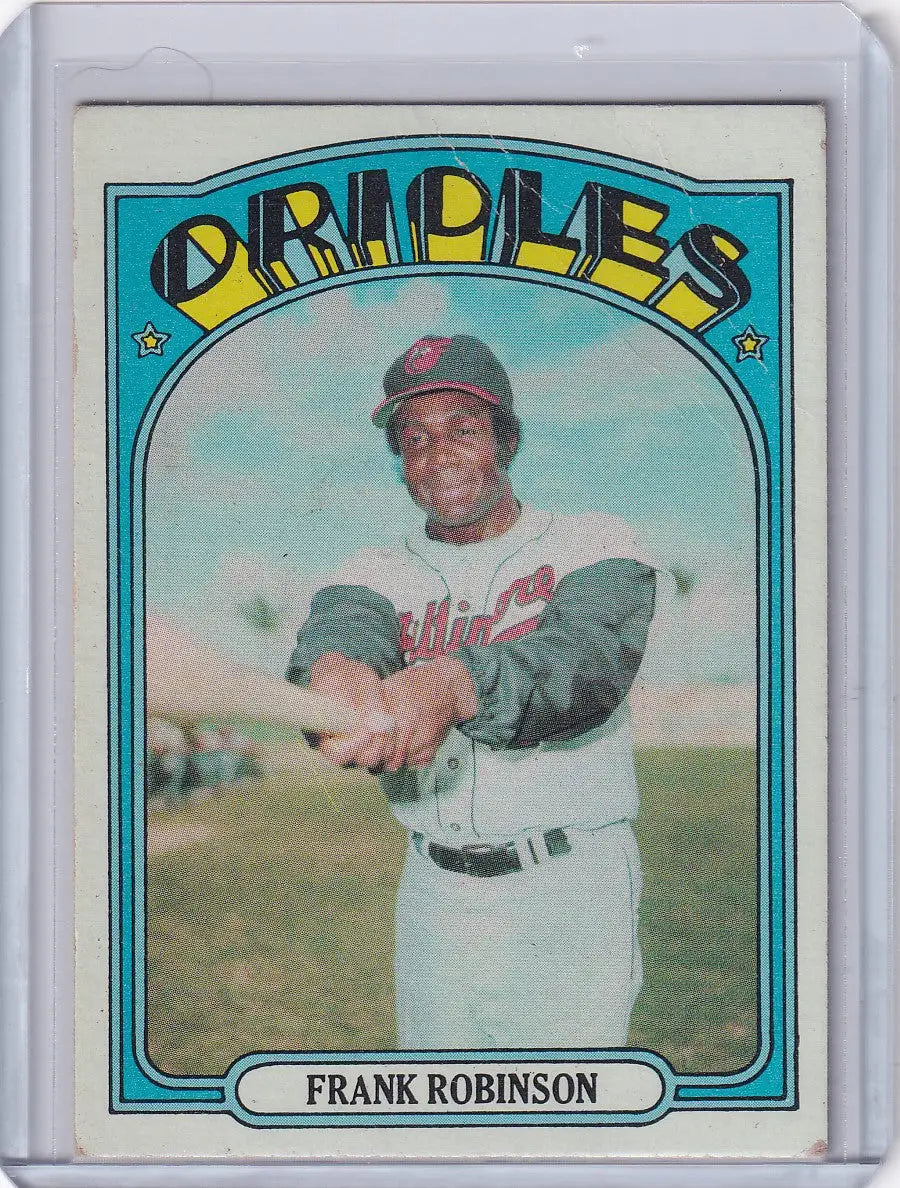 Vintage 1972 Topps Baseball card of Frank Robinson, Baltimore Orioles with teal frame