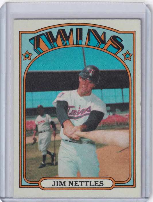 Vintage 1972 Topps Baseball card of Jim Nettles in batting pose for Minnesota Twins