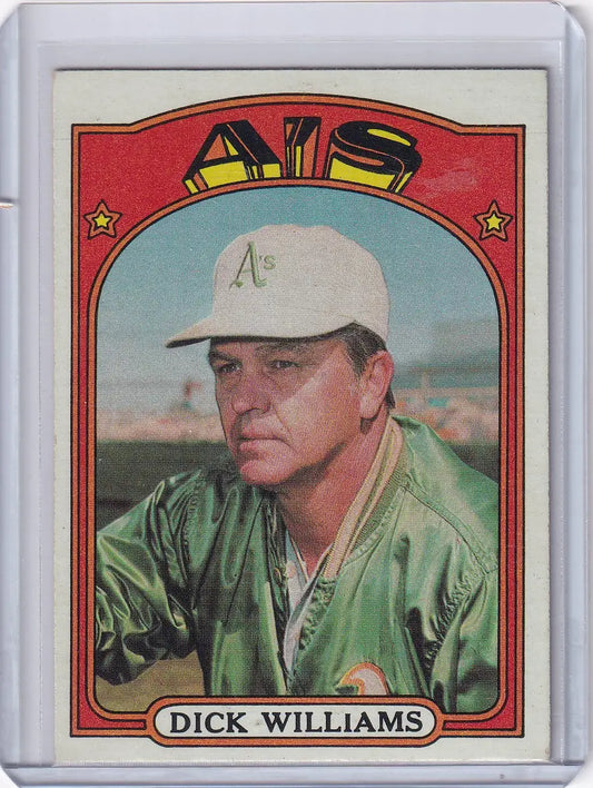Vintage Topps Baseball card of Dick Williams MGR in green jacket for Oakland Athletics