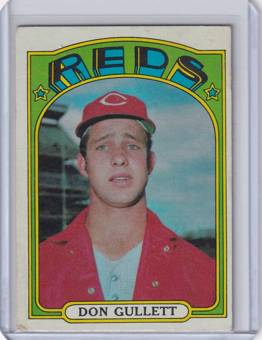 Vintage 1972 Topps Baseball Don Gullett card in protective case featuring Cincinnati Reds
