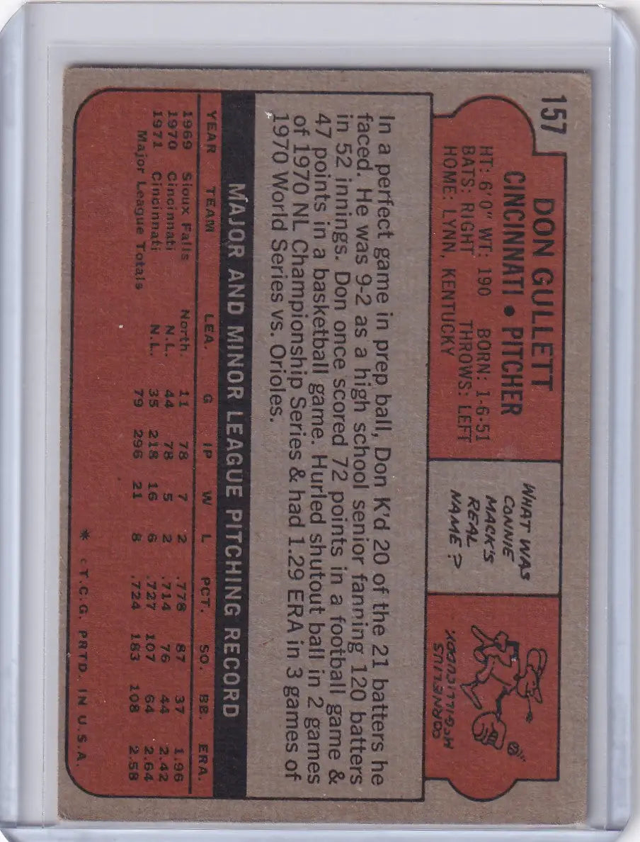 Vintage red Topps Baseball card of Don Gullett from the Cincinnati Reds showing stats