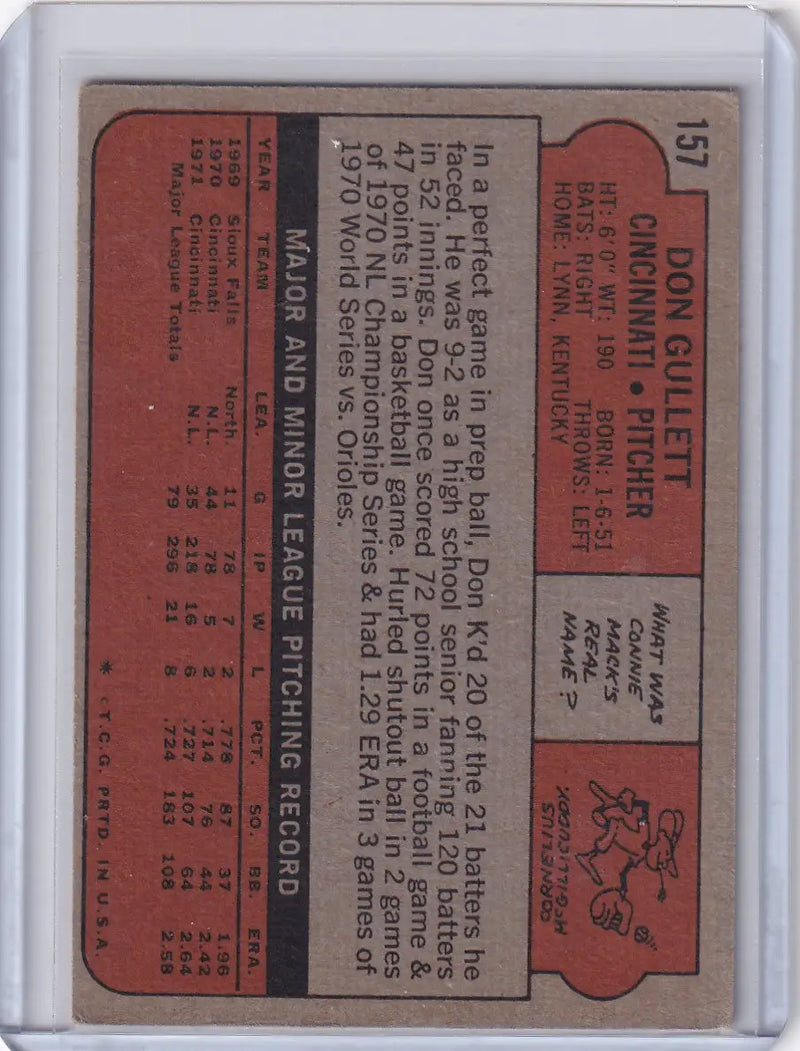 Vintage red Topps Baseball card of Don Gullett from the Cincinnati Reds showing stats
