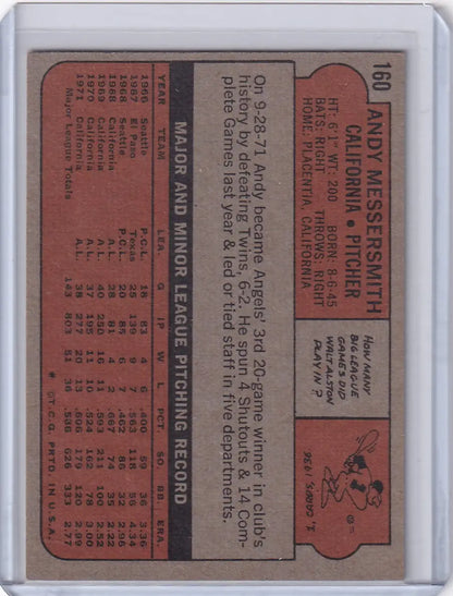 Vintage 1972 Topps Baseball card of Andy Messersmith from California Angels