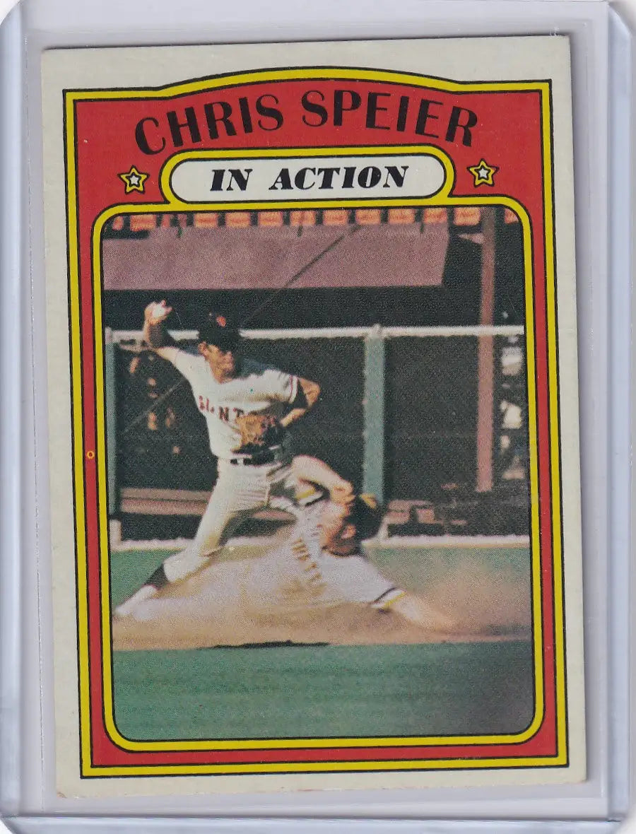 Vintage 1972 Topps Baseball card of Chris Speier with San Francisco Giants at second base