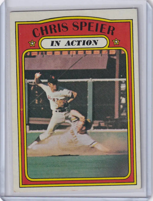 Vintage 1972 Topps Baseball card of Chris Speier with San Francisco Giants at second base