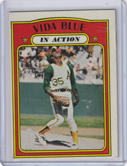 Baseball card of Vida Blue in Oakland Athletics green and white uniform from Topps Baseball