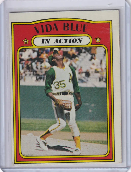 Baseball card of Vida Blue in Oakland Athletics green and white uniform from Topps Baseball
