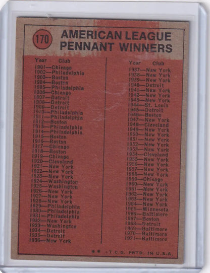 Baseball card of Vida Blue featuring American League pennant winners 1901-1970, Topps Baseball