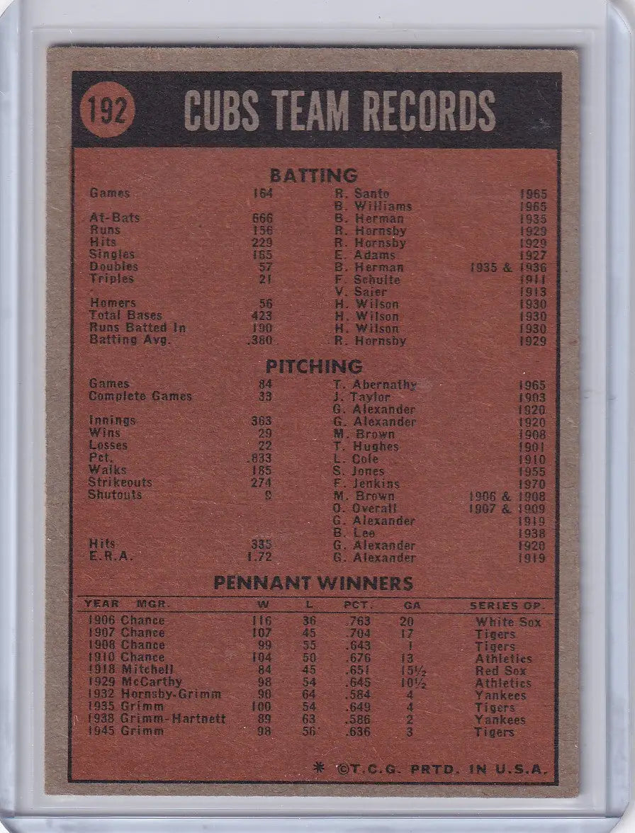 Vintage Topps Baseball trading card featuring Chicago Cubs team records and statistics
