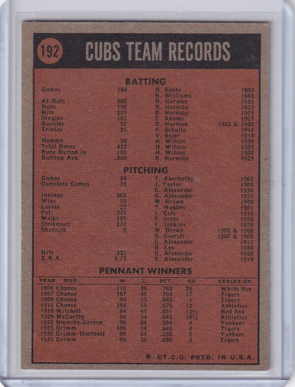 Vintage Topps Baseball trading card featuring Chicago Cubs team records and statistics
