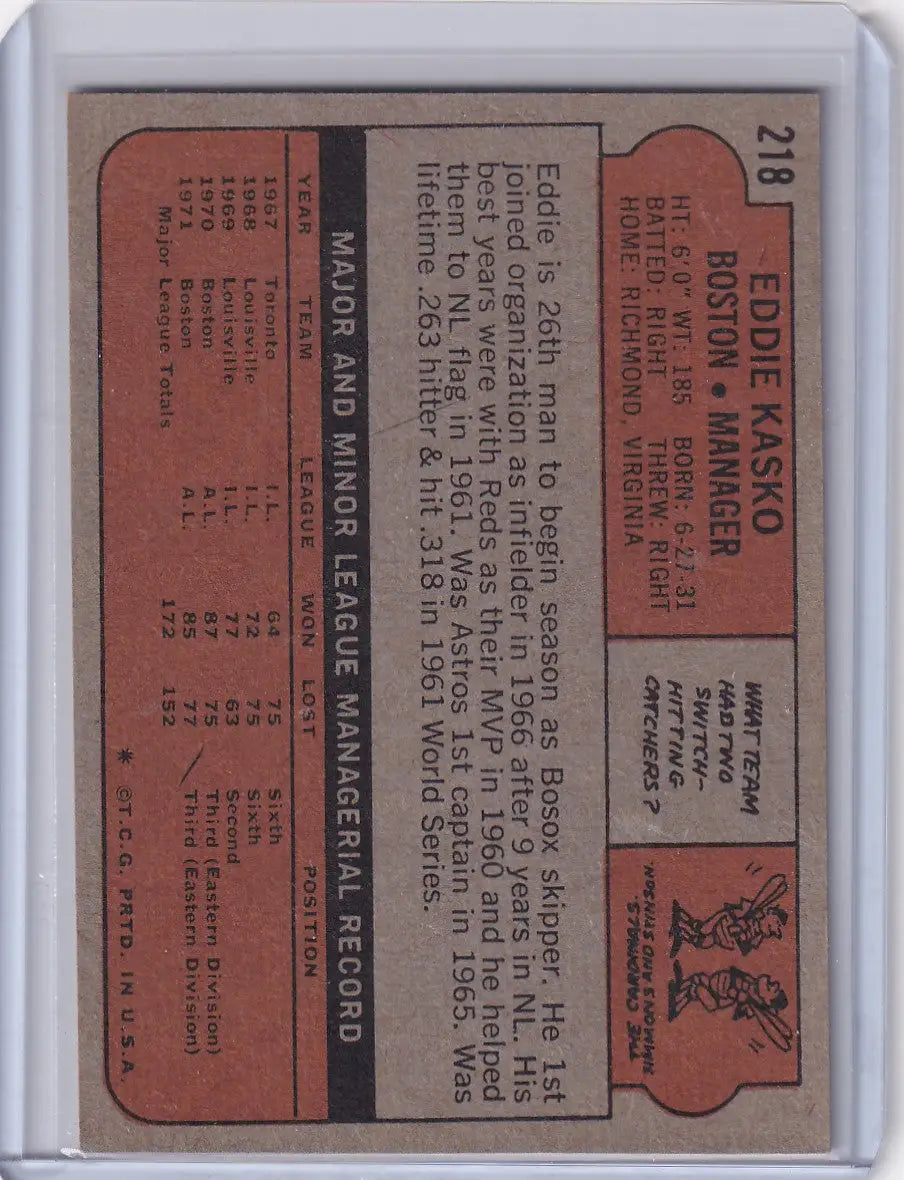 1972 Topps Baseball #218 Eddie Kasko MGR - Boston Red Sox