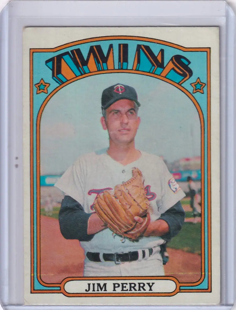 Vintage Topps Baseball card of Jim Perry in Minnesota Twins uniform with glove