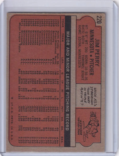 Vintage 1972 Topps Baseball card featuring Jim Perry of the Minnesota Twins statistics